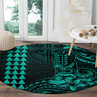 Hawaii Hauoli Makahiki Hou Round Carpet Lono Hawaiian God Kakau Polynesian Tribal Turquoise LT05 - Polynesian Pride