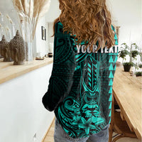 Personalized Hawaii Hauoli Makahiki Hou Women Casual Shirt Lono Hawaiian God Kakau Polynesian Tribal Turquoise LT05 - Polynesian Pride