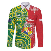 Custom Tonga Australia Rugby Family Matching Puletasi and Hawaiian Shirt Kangaroos And Tonga Mate Maa Together LT05 Dad's Shirt - Long Sleeve Green - Polynesian Pride