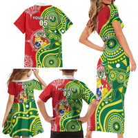 Custom Tonga Australia Rugby Family Matching Short Sleeve Bodycon Dress and Hawaiian Shirt Kangaroos And Tonga Mate Maa Together