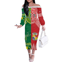 Custom Tonga XIII And Australia Kangaroos Family Matching Off The Shoulder Long Sleeve Dress and Hawaiian Shirt Mate Maa Tongan Ngatu With Aboriginal LT05 Mom's Dress Red - Polynesian Pride