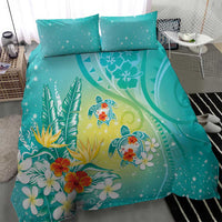 Hawaii Honu Bedding Set Tropical Flowers Turquoise Gradient