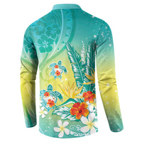 Hawaii Honu Button Sweatshirt Tropical Flowers Turquoise Gradient