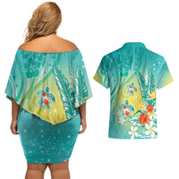 Hawaii Honu Couples Matching Off Shoulder Short Dress and Hawaiian Shirt Tropical Flowers Turquoise Gradient