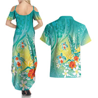 Hawaii Honu Couples Matching Summer Maxi Dress and Hawaiian Shirt Tropical Flowers Turquoise Gradient