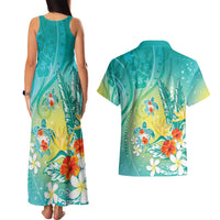 Hawaii Honu Couples Matching Tank Maxi Dress and Hawaiian Shirt Tropical Flowers Turquoise Gradient