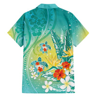 Hawaii Honu Family Matching Off The Shoulder Long Sleeve Dress and Hawaiian Shirt Tropical Flowers Turquoise Gradient