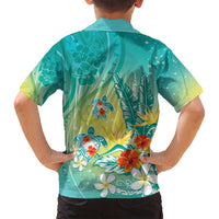 Hawaii Honu Family Matching Puletasi and Hawaiian Shirt Tropical Flowers Turquoise Gradient LT05 - Polynesian Pride