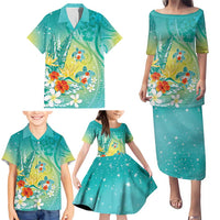 Hawaii Honu Family Matching Puletasi and Hawaiian Shirt Tropical Flowers Turquoise Gradient LT05 - Polynesian Pride