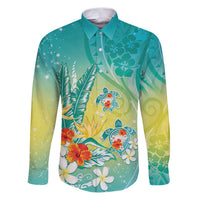 Hawaii Honu Family Matching Puletasi and Hawaiian Shirt Tropical Flowers Turquoise Gradient LT05 Dad's Shirt - Long Sleeve Turquoise - Polynesian Pride