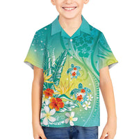 Hawaii Honu Kid Hawaiian Shirt Tropical Flowers Turquoise Gradient