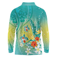 Hawaii Honu Long Sleeve Polo Shirt Tropical Flowers Turquoise Gradient