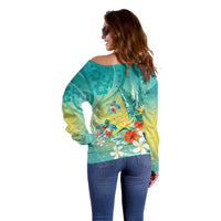 Hawaii Honu Off Shoulder Sweater Tropical Flowers Turquoise Gradient
