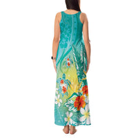Hawaii Honu Tank Maxi Dress Tropical Flowers Turquoise Gradient