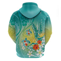 Hawaii Honu Zip Hoodie Tropical Flowers Turquoise Gradient LT05 - Polynesian Pride