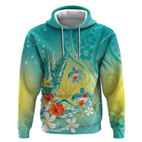 Hawaii Honu Zip Hoodie Tropical Flowers Turquoise Gradient LT05 Pullover Hoodie Turquoise - Polynesian Pride