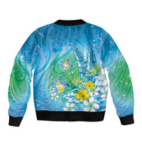 Hawaii Honu Bomber Jacket Tropical Flowers Blue Gradient