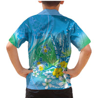 Hawaii Honu Family Matching Mermaid Dress and Hawaiian Shirt Tropical Flowers Blue Gradient