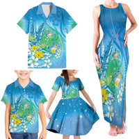 Hawaii Honu Family Matching Tank Maxi Dress and Hawaiian Shirt Tropical Flowers Blue Gradient