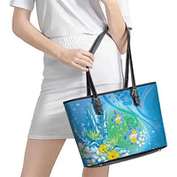Hawaii Honu Leather Tote Bag Tropical Flowers Blue Gradient