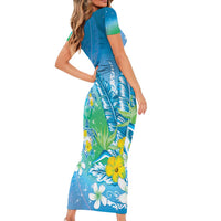 Hawaii Honu Short Sleeve Bodycon Dress Tropical Flowers Blue Gradient LT05 - Polynesian Pride