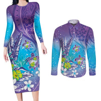 Hawaii Honu Couples Matching Long Sleeve Bodycon Dress and Long Sleeve Button Shirt Tropical Flowers Purple Gradient LT05 Purple - Polynesian Pride
