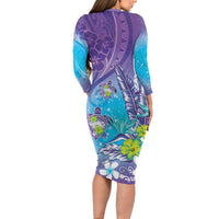 Hawaii Honu Family Matching Long Sleeve Bodycon Dress and Hawaiian Shirt Tropical Flowers Purple Gradient
