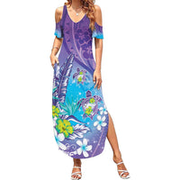 Hawaii Honu Family Matching Summer Maxi Dress and Hawaiian Shirt Tropical Flowers Purple Gradient
