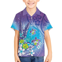 Hawaii Honu Kid Hawaiian Shirt Tropical Flowers Purple Gradient