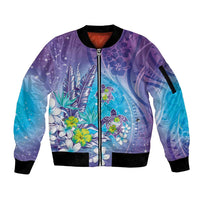 Hawaii Honu Sleeve Zip Bomber Jacket Tropical Flowers Purple Gradient