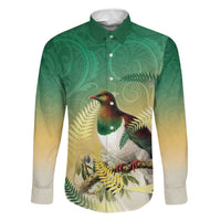 New Zealand Pigeon Kereru Family Matching Off The Shoulder Long Sleeve Dress and Hawaiian Shirt Maori Fern Art Green Gradient LT05 Dad's Shirt - Long Sleeve Green - Polynesian Pride