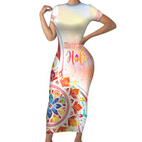 Happy Holi Festival Short Sleeve Bodycon Dress Rangoli With Polynesian Pattern LT05 Long Dress White - Polynesian Pride
