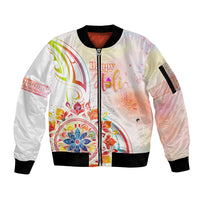 Happy Holi Festival Sleeve Zip Bomber Jacket Rangoli With Polynesian Pattern LT05 Unisex White - Polynesian Pride