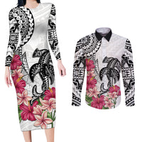 White Polynesian Hammerhead Shark Tribal Pattern Couples Matching Long Sleeve Bodycon Dress and Long Sleeve Button Shirt