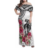 White Polynesian Hammerhead Shark Tribal Pattern Family Matching Off Shoulder Maxi Dress and Hawaiian Shirt LT05 Mom's Dress White - Polynesian Pride