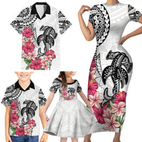 White Polynesian Hammerhead Shark Tribal Pattern Family Matching Short Sleeve Bodycon Dress and Hawaiian Shirt LT05 - Polynesian Pride