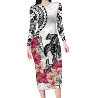White Polynesian Hammerhead Shark Tribal Pattern Long Sleeve Bodycon Dress