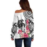 White Polynesian Hammerhead Shark Tribal Pattern Off Shoulder Sweater