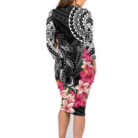 Black Polynesian Hammerhead Shark Tribal Pattern Family Matching Long Sleeve Bodycon Dress and Hawaiian Shirt