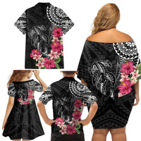 Black Polynesian Hammerhead Shark Tribal Pattern Family Matching Off Shoulder Short Dress and Hawaiian Shirt LT05 - Polynesian Pride