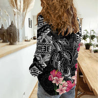 Black Polynesian Hammerhead Shark Tribal Pattern Women Casual Shirt LT05 - Polynesian Pride