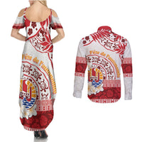 French Polynesia Internal Autonomy Day Couples Matching Summer Maxi Dress and Long Sleeve Button Shirt Tropical Hibiscus And Turtle Pattern LT05 - Polynesian Pride
