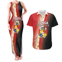 Personalised Tonga Emancipation Day Couples Matching Tank Maxi Dress and Hawaiian Shirt Tongan Ngatu Pattern With Plumeria LT05 Red - Polynesian Pride