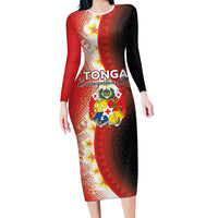 Personalised Tonga Emancipation Day Family Matching Long Sleeve Bodycon Dress and Hawaiian Shirt Tongan Ngatu Pattern With Plumeria LT05 Mom's Dress Red - Polynesian Pride