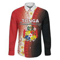 Personalised Tonga Emancipation Day Family Matching Puletasi and Hawaiian Shirt Tongan Ngatu Pattern With Plumeria LT05 Dad's Shirt - Long Sleeve Red - Polynesian Pride