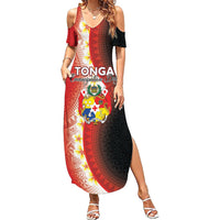 Personalised Tonga Emancipation Day Summer Maxi Dress Tongan Ngatu Pattern With Plumeria LT05 Women Red - Polynesian Pride