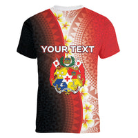 Personalised Tonga Emancipation Day Women V-Neck T-Shirt Tongan Ngatu Pattern With Plumeria LT05 - Polynesian Pride