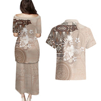 Tonga Ngatu Motifs Couples Matching Puletasi and Hawaiian Shirt With Coat Of Arms Beige LT05 - Polynesian Pride