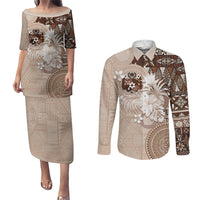 Tonga Ngatu Motifs Couples Matching Puletasi and Long Sleeve Button Shirt With Coat Of Arms Beige LT05 Beige - Polynesian Pride