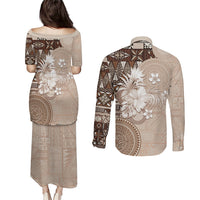 Tonga Ngatu Motifs Couples Matching Puletasi and Long Sleeve Button Shirt With Coat Of Arms Beige LT05 - Polynesian Pride